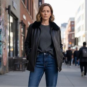 Vintage Black 100% Leather Jacket with Faux Fur Collar Women’s Large/X Large